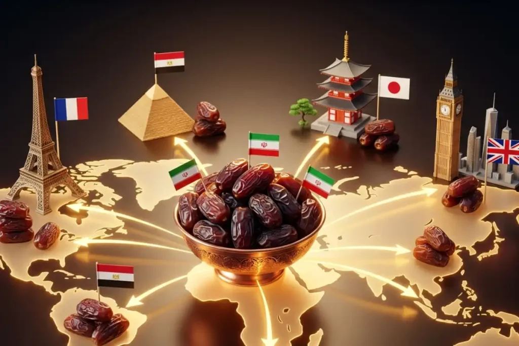 3D graphic representing the top countries importing dates from Iran, featuring a central bowl of Iranian dates on a world map with arrows pointing to major global export markets and famous international landmarks.