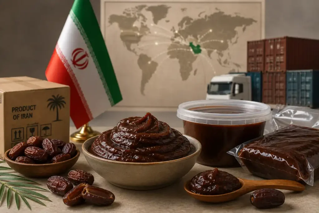 Iranian date paste in bulk packaging, with dates, shipping boxes, an Iran flag, and global trade imagery representing B2B export.
