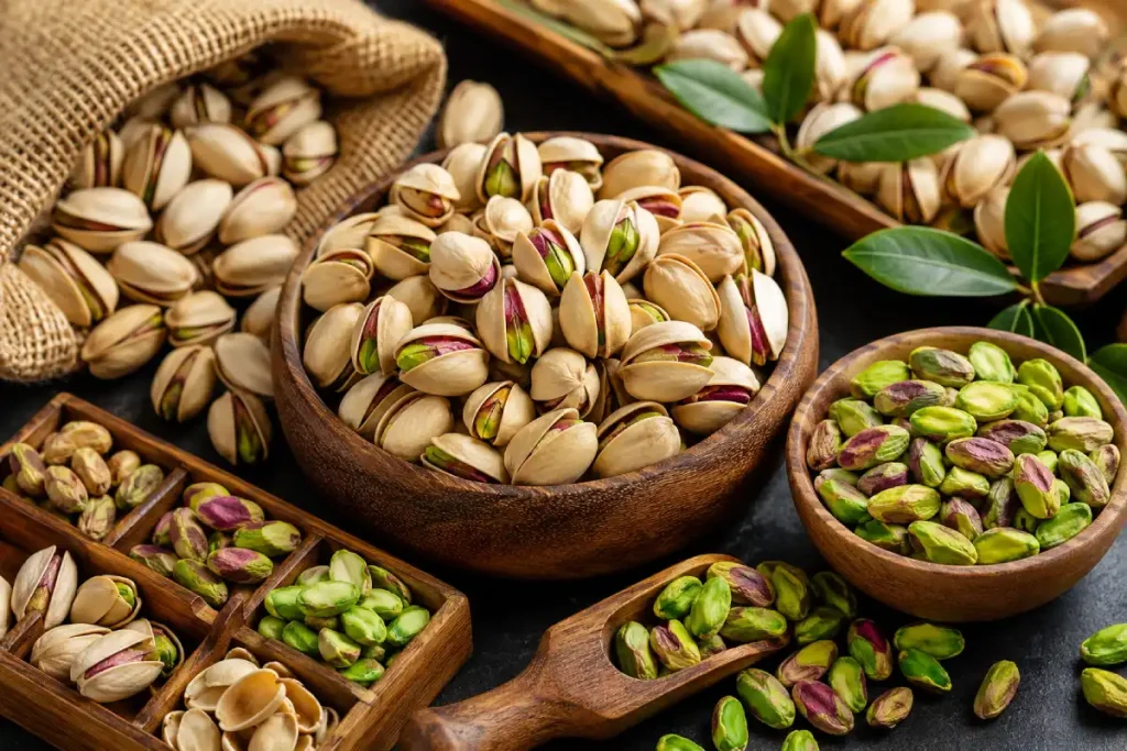 Iranian pistachios in different grades, sizes, and forms displayed in wooden bowls and trays.